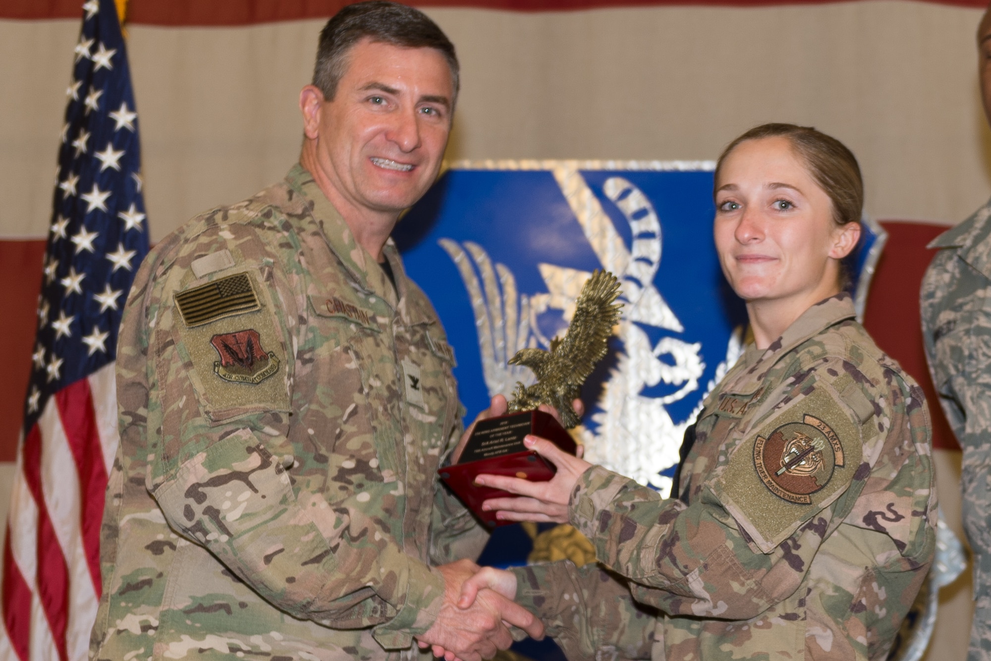 Senior Airman Ariel Lantz, 23d Aircraft Maintenance Squadron, wins Armament Technician of the Year, March 8, 2019, at Moody Air Force Base, Ga. Maintenance Professional of the Year (MPOY) is a long-running tradition in the maintenance career field. MPOY is a ceremony that highlights that year's top performing Airmen. (U.S. Air Force photo by Airman 1st Class Hayden Legg)