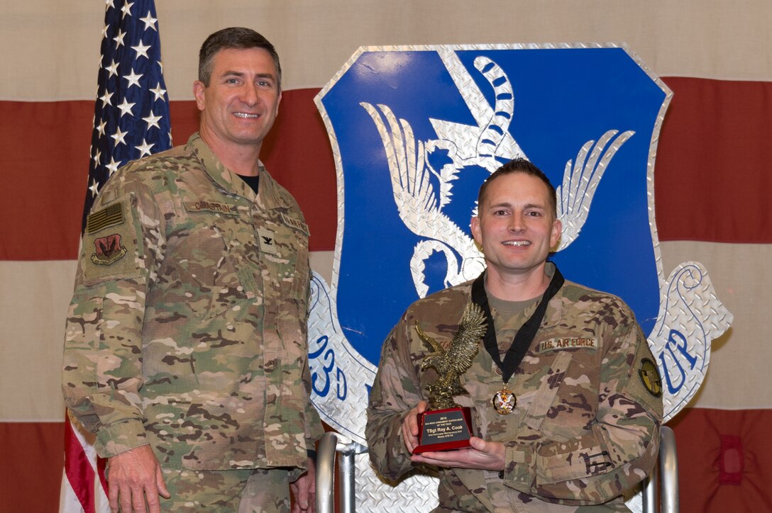 Tech. Sgt. Roy Cook, 723d Aircraft Maintenance Squadron, wins Armament Supervisor of the Year, March 8, 2019, at Moody Air Force Base, Ga. Maintenance Professional of the Year (MPOY) is a long-running tradition in the maintenance career field. MPOY is a ceremony that highlights that year's top performing Airmen. (U.S. Air Force photo by Airman 1st Class Hayden Legg)