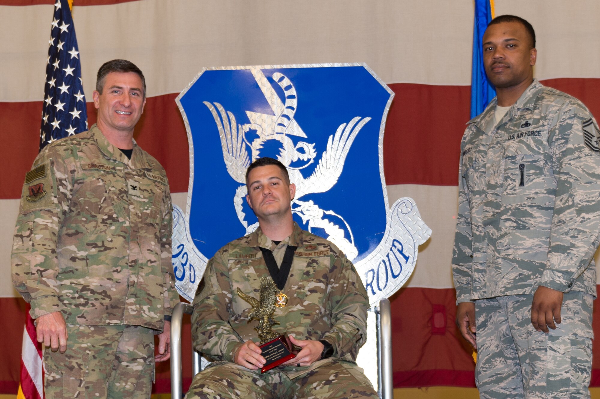 Senior Master Sgt. Anthony Lambert, 23d Maintenance Group, wins Armament Manager of the Year, March 8, 2019, at Moody Air Force Base, Ga. Maintenance Professional of the Year (MPOY) is a long-running tradition in the maintenance career field. MPOY is a ceremony that highlights that year's top performing Airmen. (U.S. Air Force photo by Airman 1st Class Hayden Legg)