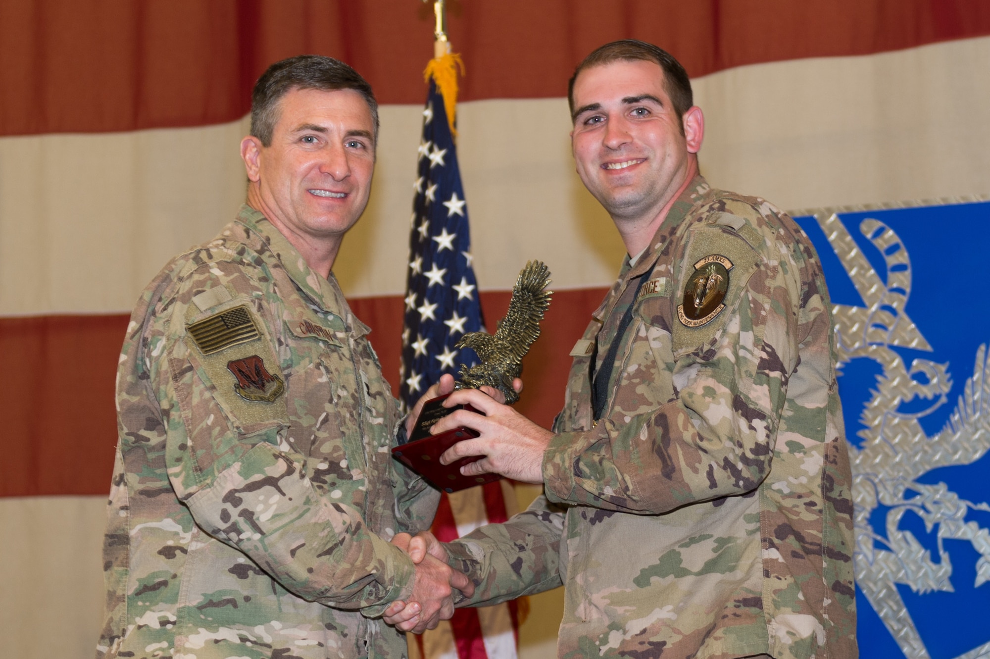 Staff Sgt. Kyle Davey, 23d Aircraft Maintenance Squadron, and Crew 75-09 wins A-10 Load Crew of the Year, March 8, 2019, at Moody Air Force Base, Ga. Maintenance Professional of the Year (MPOY) is a long-running tradition in the maintenance career field. MPOY is a ceremony that highlights that year's top performing Airmen. (U.S. Air Force photo by Airman 1st Class Hayden Legg)