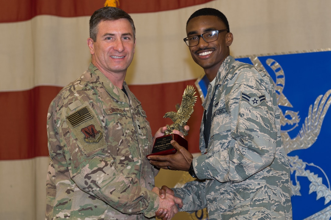 Airman 1st Class Quionte Johnson, 23d Aircraft Maintenance Squadron, and Crew 75-09 wins A-10 Load Crew of the Year, March 8, 2019, at Moody Air Force Base, Ga. Maintenance Professional of the Year (MPOY) is a long-running tradition in the maintenance career field. MPOY is a ceremony that highlights that year's top performing Airmen. (U.S. Air Force photo by Airman 1st Class Hayden Legg)
