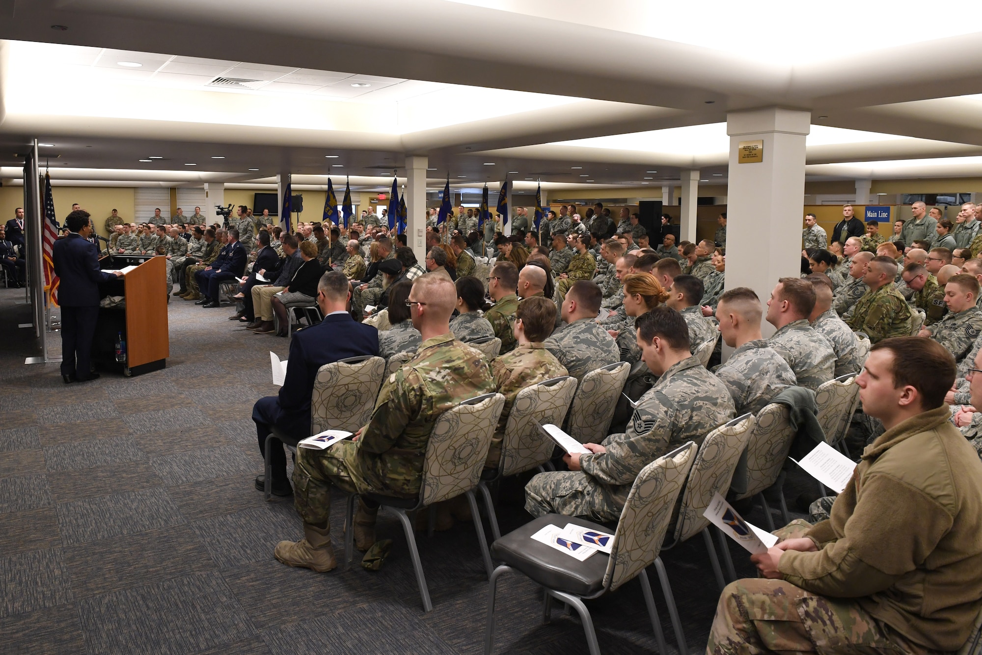 Airmen gather to formally recognize their peers at the 2019 911th Airlift Wing Awards Ceremony at the Pittsburgh International Airport Air Reserve Station, Pennsylvania., March 2, 2019. This ceremony recognized Airmen who were awarded of-the-year titles, as well as the recipient of the Command Chief Fahrny Diamond Sharp Award. (U.S. Air Force photo by Senior Airman James Fritz)