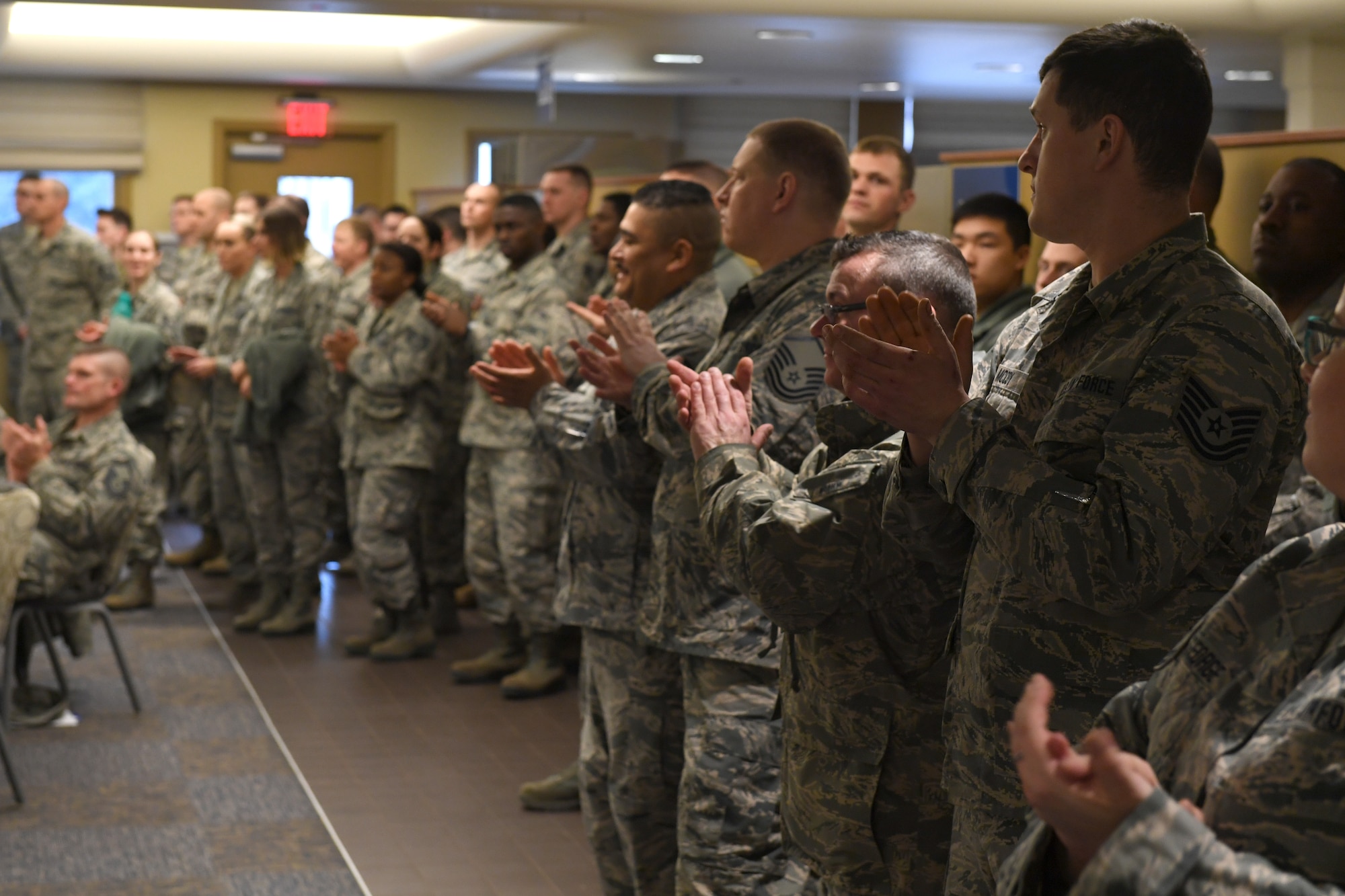 Airmen gather to formally recognize their peers at the 2019 911th Airlift Wing Awards Ceremony at the Pittsburgh International Airport Air Reserve Station, Pennsylvania, March 2, 2019. This ceremony recognized Airmen who were awarded of-the-year titles, as well as the recipient of the Command Chief Fahrny Diamond Sharp Award. (U.S. Air Force photo by Senior Airman James Fritz)