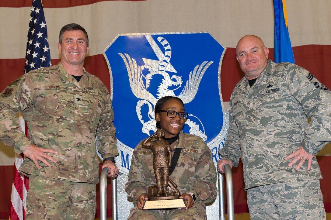 Senior Airman Tiffani Milliner, 23d Maintenance Group, wins Airman Analysis Professional of the Year, March 8, 2019, at Moody Air Force Base, Ga. Maintenance Professional of the Year (MPOY) is a long-running tradition in the maintenance career field. MPOY is a ceremony that highlights that year's top performing Airmen. (U.S. Air Force photo by Airman 1st Class Hayden Legg)