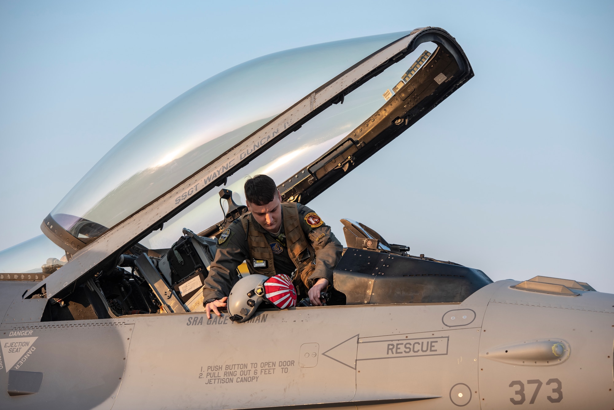 U.S. Air Force Capt. Coleman Farrell, 14th Fighter Squadron F-16 Fighting Falcon pilot, prepares for the first flight during COPE Tiger 19 at Korat Royal Thai Air Force Base, Thailand, March 11, 2019.