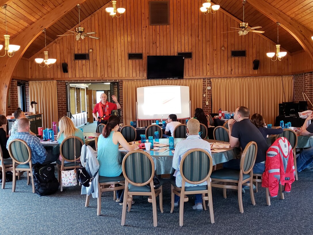 A Virginia Department of Game and Inland Fisheries boating safety instructor teaches a boater’s safety class at the Joint Base Langley-Eustis Langley Golf Clubhouse, April 2018.