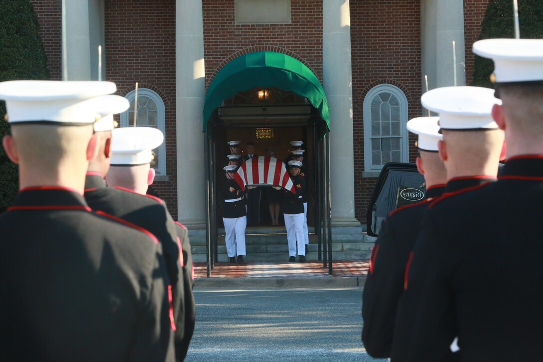 Marine Corps Body Bearers, Bravo Company, Marine Barracks Washington D.C., carry the casket of Lt. Gen. Leo Dulacki during a full honors funeral for Dulacki at Arlington National Cemetery, Arlington, Virginia, March 13, 2019. Dulacki enlisted in the Marine Corps in 1941 and received his commission as a second lieutenant on Sept. 2, 1941. During his 32 years of service, Dulacki fought in World War II, Korea and Vietnam; he retired in January 1974. His personal decorations included the Distinguished Service Medal with a gold star, Legion of Merit with a combat distinguishing device for valor with three gold stars, and the Purple Heart. Dulacki passed away on Jan. 4, 2019 six days after his 100th birthday. (U.S. Marine Corps photo by Sgt. Robert Knapp/Released)