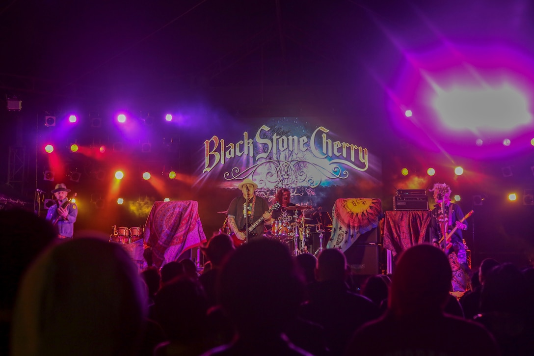 Futenma Flight Line Fair attendees enjoy the Black Stone Cherry’s performance on Marine Corps Air Station Futenma, Mar. 10, 2019. The Futenma Flight Line Fair is an annual event that includes live music, games, and food vendors for attendees to enjoy. (U.S. Marine Corps photo by Lance Cpl. Marvin E. Lopez Navarro/Released)