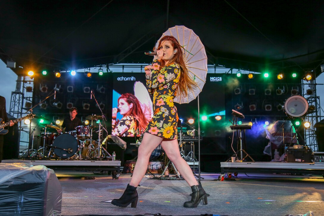 Sydney Sierota, Echosmith’s lead singer, preforms at the Futenma Flight Line Fair on Marine Corps Air Station Futenma, Mar. 10, 2019. The Futenma Flight Line Fair is an annual event that includes live music, games, and food vendors for attendees to enjoy. (U.S. Marine Corps photo by Lance Cpl. Marvin E. Lopez Navarro/Released)