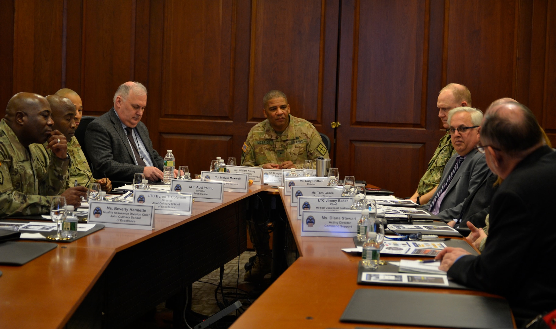 Army Quartermaster General Brig. Gen. Douglas McBride, Jr., center, met with supply chain senior leaders at DLA Troop Support in Philadelphia on March 4, 2019. McBride received a mission overview brief about Troop Support and its five supply chains during his visit. Photo by Alexandria Brimage-Gray