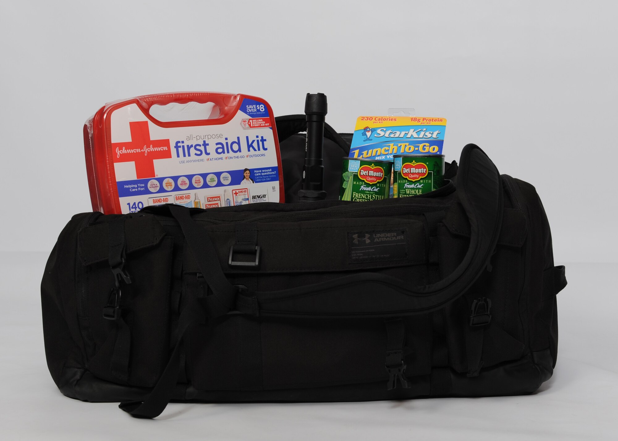 A duffel bag containing emergency supplies is displayed March 13, 2019, at Incirlik Air Base, Turkey.