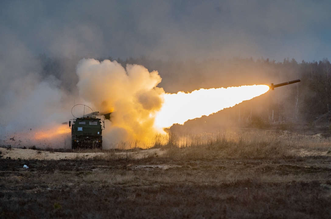 U.S. Marines with Fox Battery, 2nd Battalion, 14th Marine Regiment, 4th Marine Division, launch rockets from a High Mobility Artillery Rocket System during live-fire training at Adazi Training Area, Latvia, March 7, 2019, in support of exercise Dynamic Front 19. Exercise Dynamic Front 19 includes approximately 3,200 service members from 27 nations who are observing or participating from Grafenwoehr Training Area, Germany; Riga, Latvia; and Torun, Poland; during March 2-9, 2019. Dynamic Front is an annual U.S. Army Europe exercise focused on the readiness and interoperability of U.S. Army, joint service, and allied and partner nations’ artillery and fire support working together in a multinational environment.