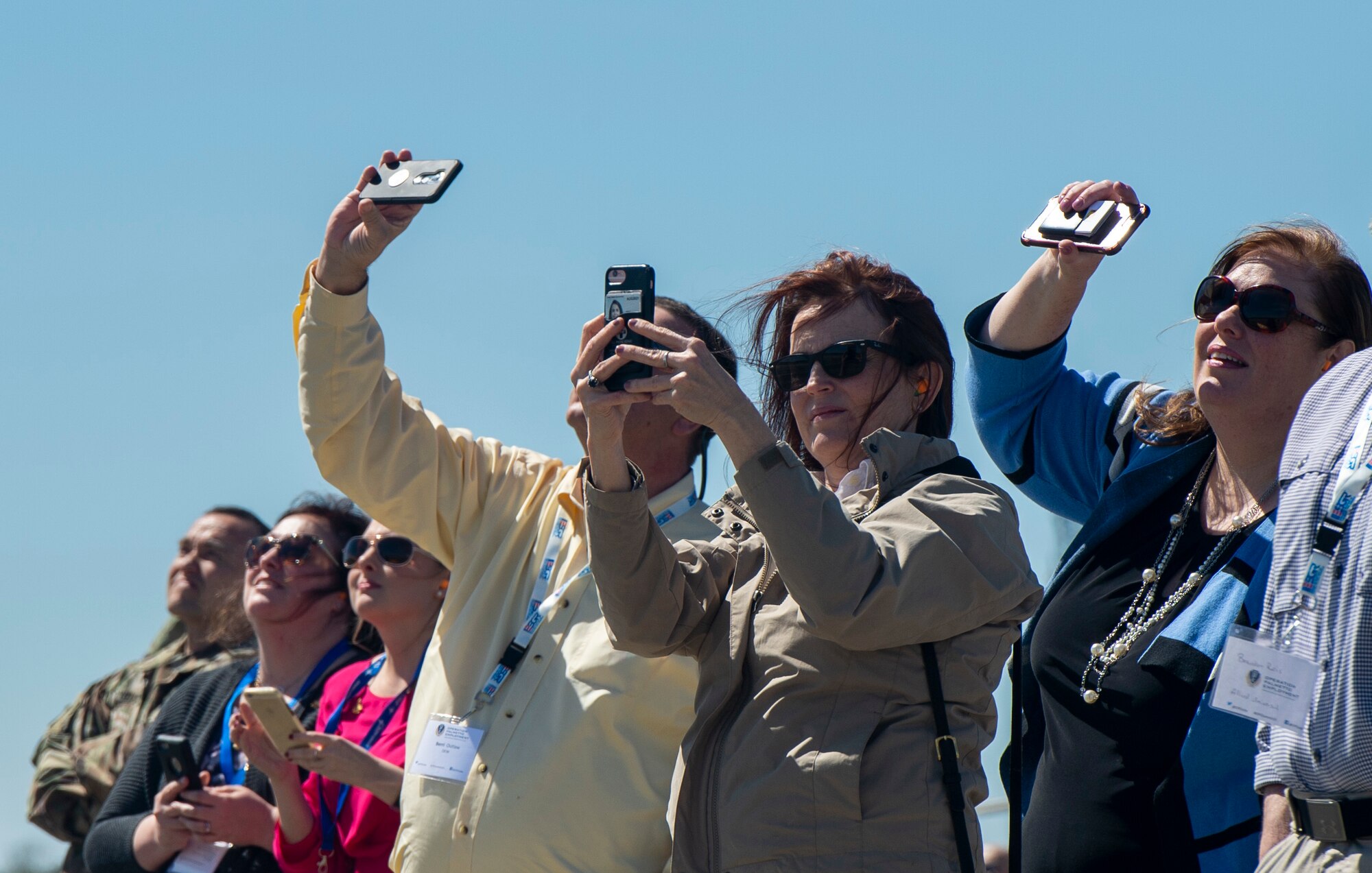 Operation Palmetto Employment participants record an Air Combat Command F-16 Viper Demonstration Team performance at Shaw Air Force Base, S.C., March 12, 2019.