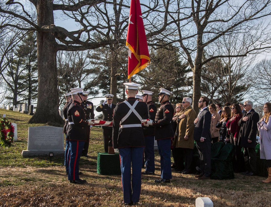 Marines with Marine Barracks Washington D.C. support a full honors funeral for Lt. Gen. John I. Hudson at Arlington National Cemetery, Arlington, Virginia, Feb. 26, 2019. Lt. Gen. Hudson enlisted in the Navy on July 23, 1952 and was commissioned as a second lieutenant in the Marine Corps and designated as a Naval Aviator on June 11, 1954. During his 37-year career, Hudson held various commands; his final assignment was Deputy Commandant for Manpower. At the time of his retirement in 1989, Hudson was the active duty Marine Aviator holding the earliest designation date. Hudson's personal decorations included the Distinguished Service Medal, Distinguished Flying Cross, Bronze Star with combat distinguishing device, and 24 Air Medals. (Official U.S. Marine Corps photo by Cpl. Damon McLean/Released)