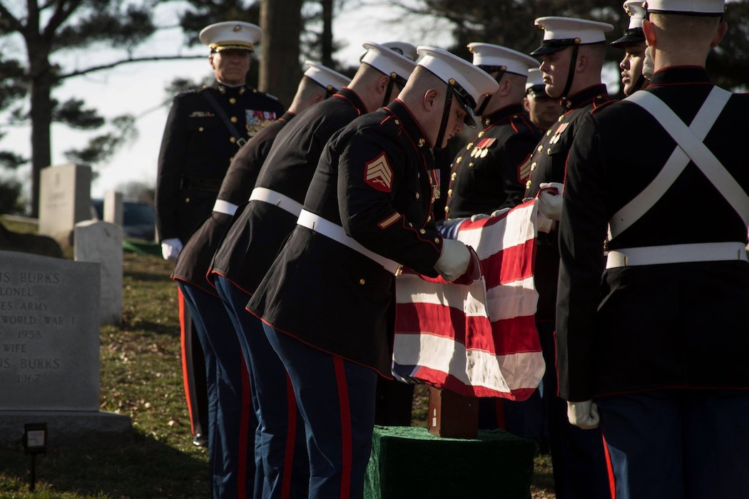 Body Bearers, Bravo Company, Marine Barracks Washington D.C., fold the National Flag during a full honors funeral for Lt. Gen. John I. Hudson at Arlington National Cemetery, Arlington, Virginia, Feb. 26, 2019.