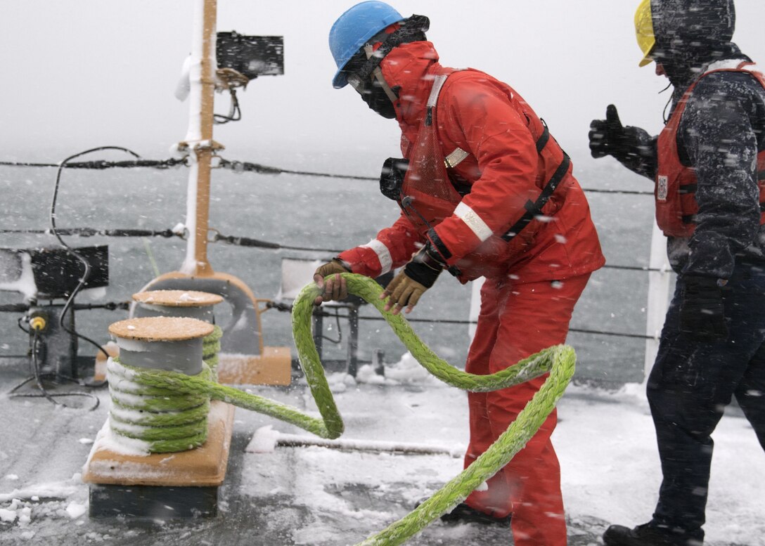 The crew of Coast Guard Cutter Seneca put a disabled fishing vessel in tow Sunday, Mar. 3, 2019 approximately 65 miles off Mount Desert Island, Maine