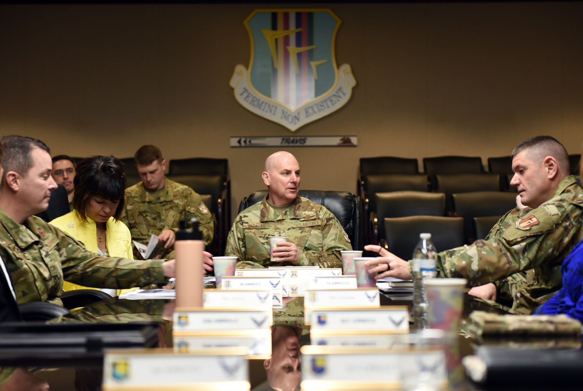 U.S. Air Force Maj. Gen. Sam Barrett, 18th Air Force commander, meets with leadership members of Travis Air Force Base, California, during a visit to the base March 5, 2019. Barrett, along with his wife, Kelly and U.S. Air Force Chief Master Sgt. Chris Simpson, 18th Air Force command chief, toured the base March 4 to 8 as part of a scheduled visit. (U.S. Air Force photo by Airman 1st Class Christian Conrad)