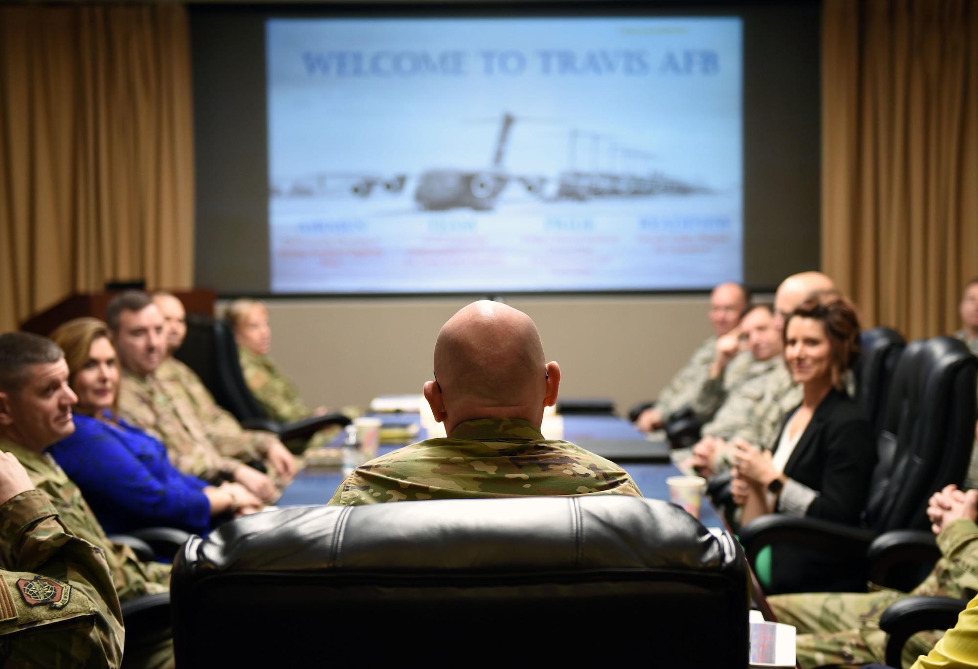 U.S. Air Force Maj. Gen. Sam Barrett, 18th Air Force commander, meets with leadership members of Travis Air Force Base, California, during a visit to the base March 5, 2019. Barrett, along with his wife, Kelly and U.S. Air Force Chief Master Sgt. Chris Simpson, 18th Air Force command chief, toured the base March 4 to 8 as part of a scheduled visit. (U.S. Air Force photo by Airman 1st Class Christian Conrad)