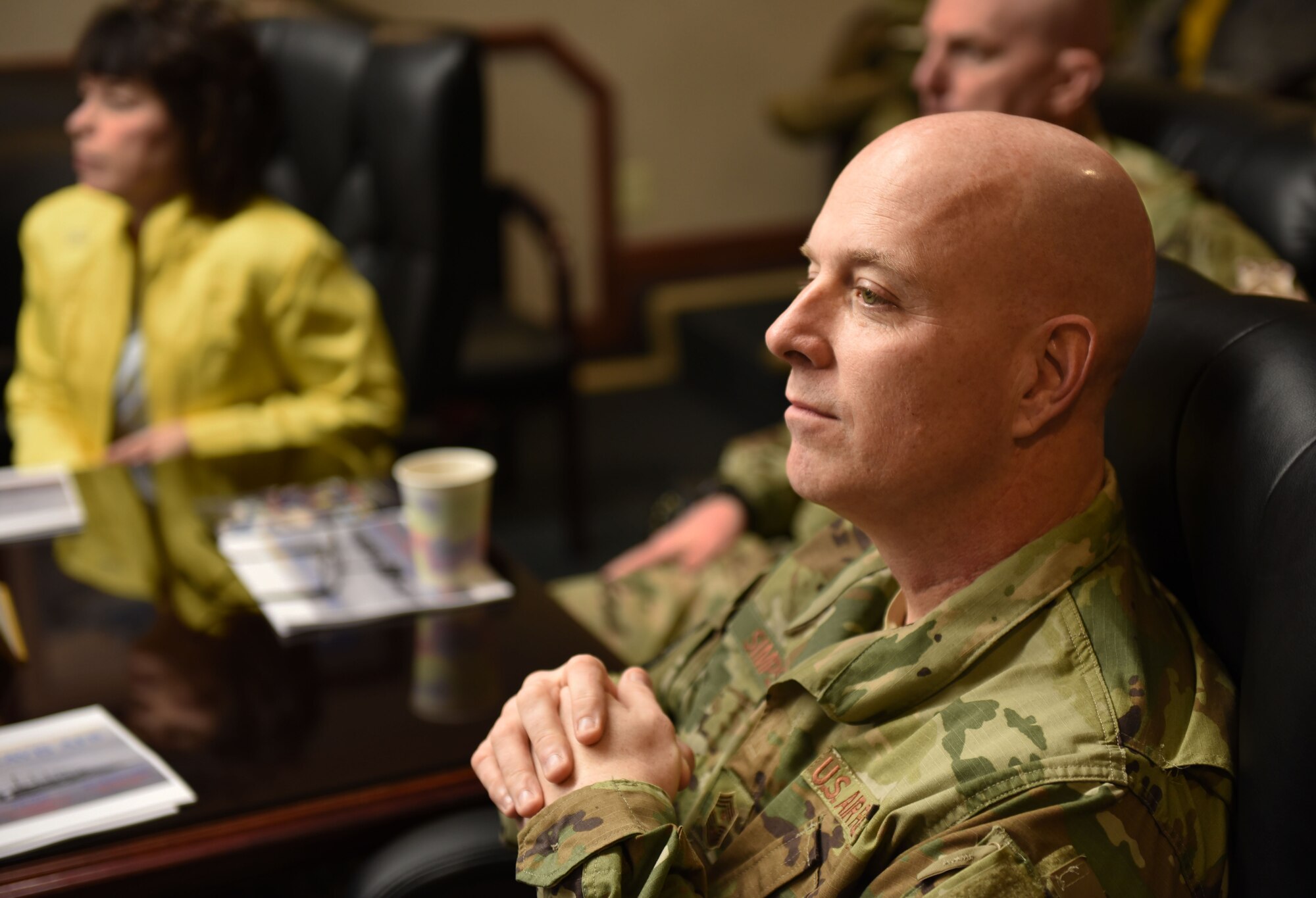 U.S. Air Force Chief Master Sgt. Chris Simpson, 18th Air Force command chief, meets with leadership members of Travis Air Force Base, California, during a visit to the base March 5, 2019. Simpson, along with U.S. Air Force Maj. Gen. Sam Barrett, 18th Air Force commander, and his wife, Kelly, toured the base March 4 to 8 as part of a scheduled visit. (U.S. Air Force photo by Airman 1st Class Christian Conrad)