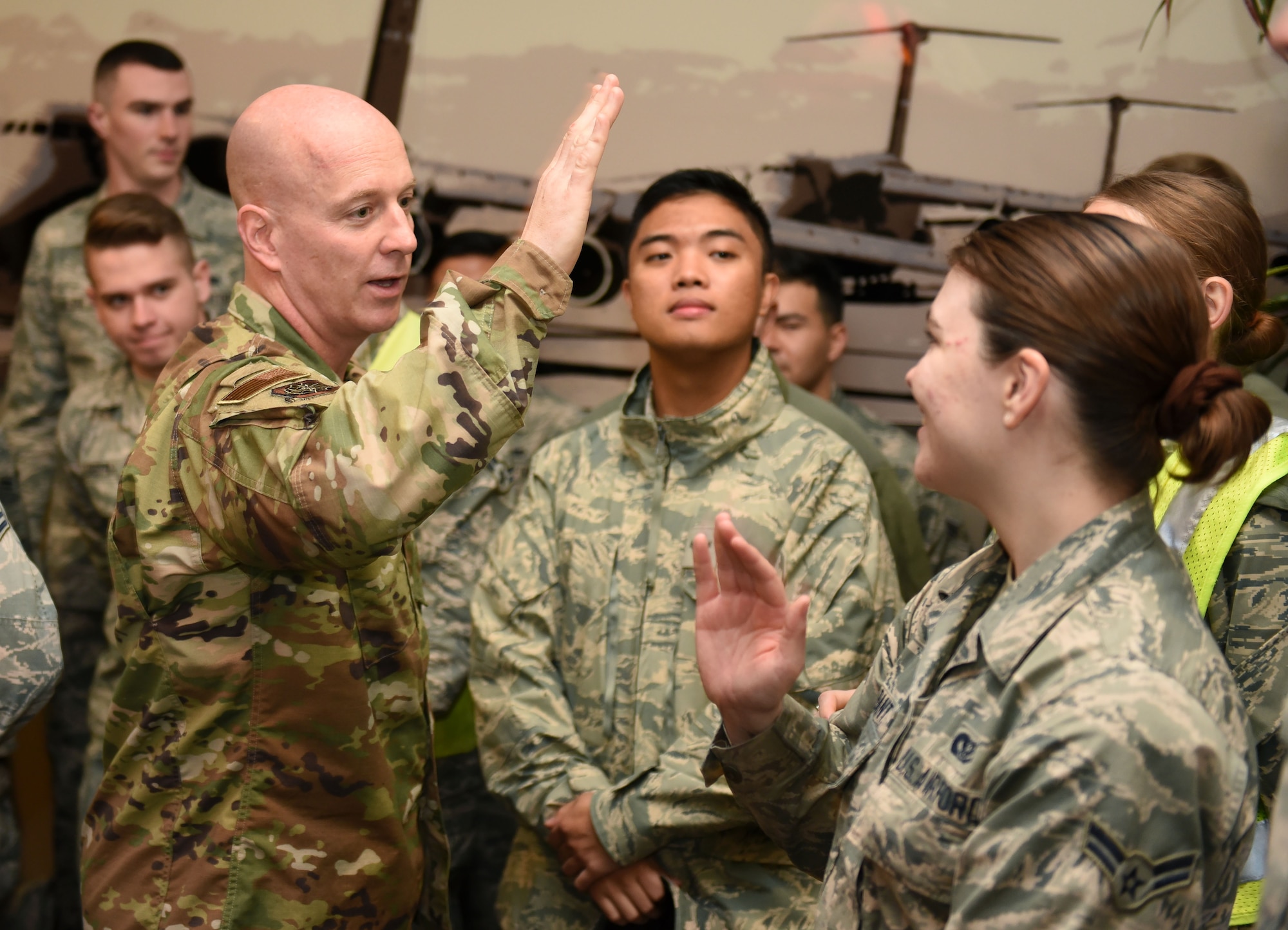 U.S. Air Force Chief Master Sgt. Chris Simpson, 18th Air Force command chief, greets dorm residents during a visit to Travis Air Force Base, California, March 6, 2019. Simpson, along with U.S. Air Force Maj. Gen. Sam Barrett 18th AF commander, toured the base March 4 to 8 as part of a scheduled visit. (U.S. Air Force photo by Airman 1st Class Christian Conrad)