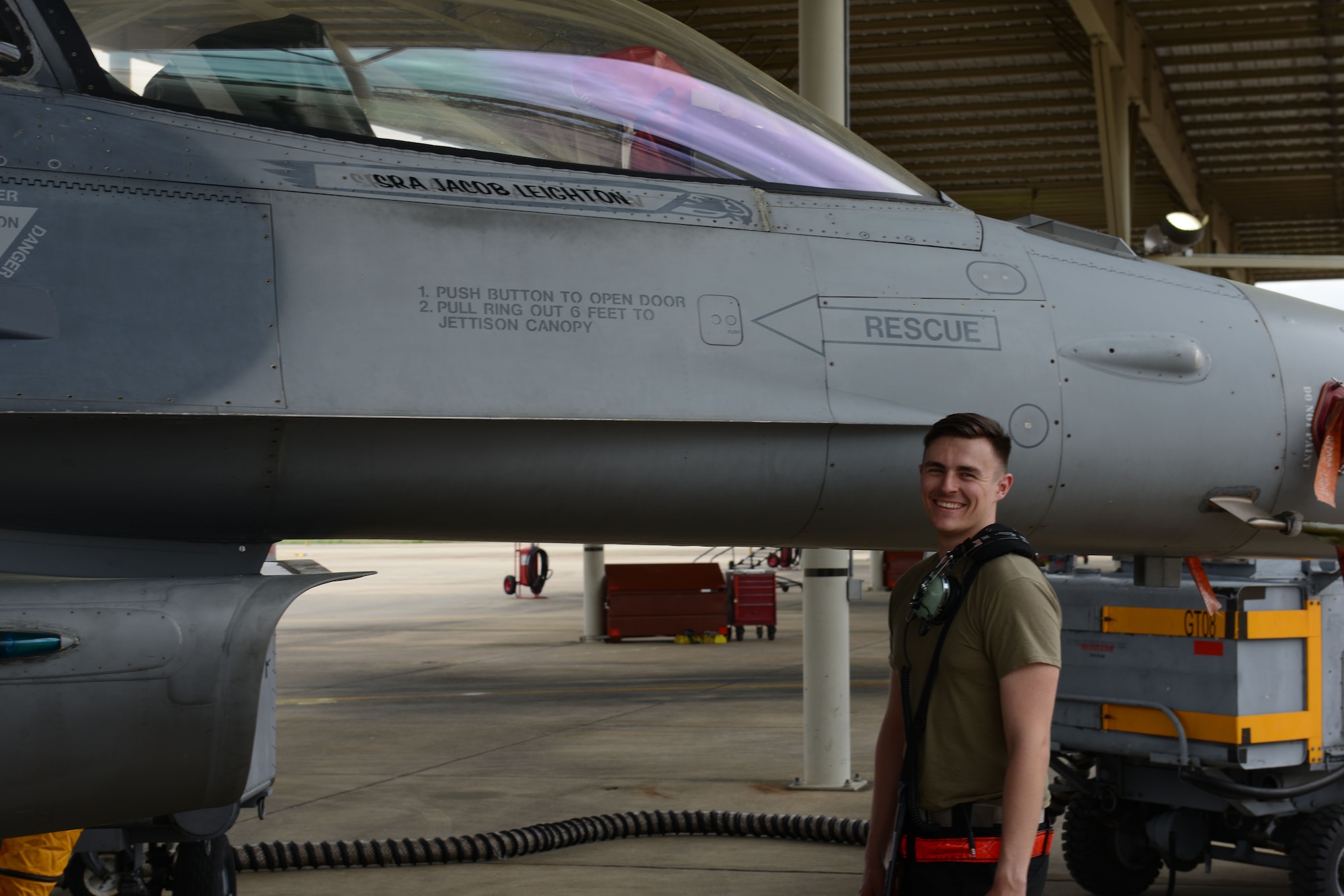 190311-F-YA436-1005
U.S. Air Force Senior Airman Jacob Leighton, 20th Aircraft Maintenance Squadron, 77th Aircraft Maintenance Unit dedicated crew chief, stands with his F-16CJ Fighting Falcon at Shaw Air Force Base, S.C., March 11, 2019.