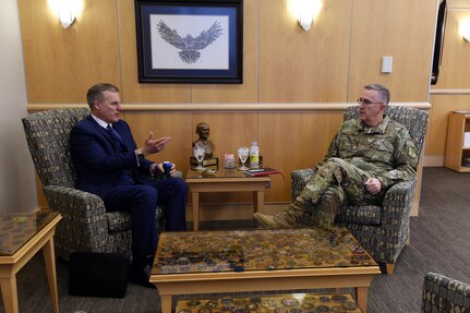 Gen. John Hyten, commander of U.S. Strategic Command (USSTRATCOM), meets with Dr. James Anderson, assistant secretary of defense for strategy, plans and capabilities, during his visit to Offutt Air Force, Neb., March 11, 2019. During his visit, Anderson met with senior leaders; received briefs on implementation efforts, including nuclear command, control and communications (NC3) systems; and visited operations centers where he spoke with service members carrying out the deterrence mission. After his visit to USSTRATCOM, Anderson will spend several days visiting units responsible for executing various components of the USSTRATCOM mission. Anderson is responsible for advising the Secretary of Defense and the Under Secretary of Defense for Policy on national security and defense strategy; the forces and contingency plans necessary to implement defense strategy; nuclear deterrence and missile defense policy; and security cooperation plans and policies. He ensures that the department’s program, budget, and posture decisions support and advance senior Department of Defense leaders’ strategic direction.