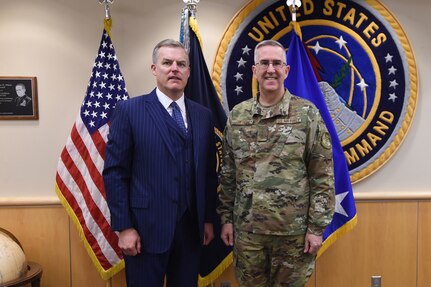 U.S. Air Force Gen. John Hyten, commander of U.S. Strategic Command (USSTRATCOM), greets Dr. James Anderson, assistant secretary of defense for strategy, plans and capabilities, during his visit to Offutt Air Force Base, Neb., March 11, 2019. During his visit, Anderson saw firsthand how USSTRATCOM implements policies from the 2018 National Defense Strategy, 2018 Nuclear Posture Review and the 2019 Missile Defense Review, and met with service members performing vital nuclear deterrence and missile defense missions. After his visit to USSTRATCOM, Anderson will spend several days visiting units responsible for executing various components of the USSTRATCOM mission. Anderson is responsible for advising the Secretary of Defense and the Under Secretary of Defense for Policy on national security and defense strategy; the forces and contingency plans necessary to implement defense strategy; nuclear deterrence and missile defense policy; and security cooperation plans and policies. He ensures that the Department’s program, budget, and posture decisions support and advance senior Department of Defense leaders’ strategic direction.