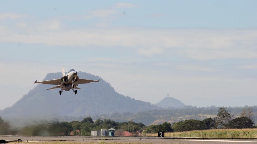 A Philippine Air Force FA-50 takes off during the Bilateral Air Contingent Exchange - Philippines (BACE-P) at Cesar Basa Air Base, Philippines, Jan. 22, 2019. This is the seventh iteration of BACE-P established by U.S. Pacific Command and executed by Headquarters Pacific Air Forces. Airmen from the U.S. and Philippines Air Forces marked the successful completion of 12 days of bilateral training Feb. 1, and increased mutual cooperation throughout the operation. (U.S. Air Force photo by Staff Sgt. Anthony Small)