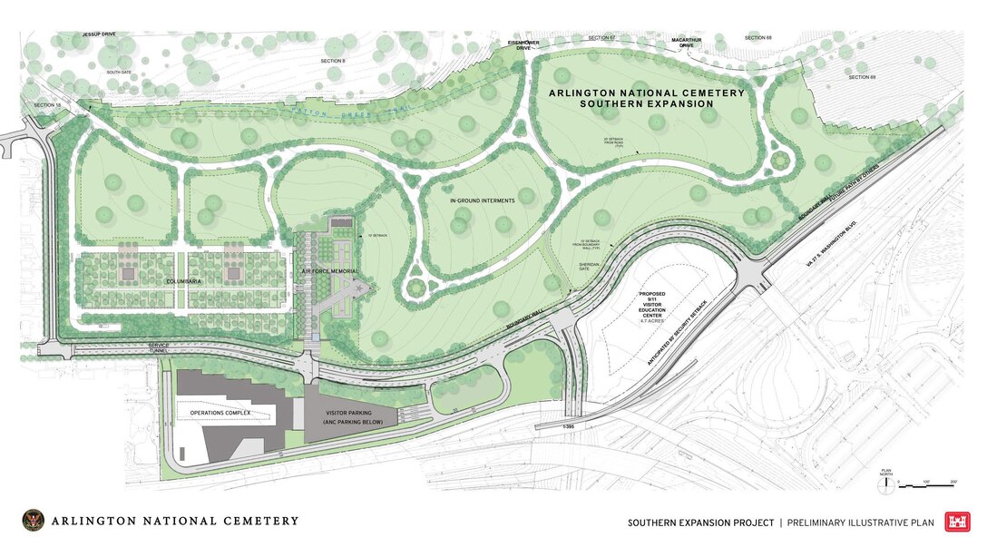 An architectural illustration shows plans for Arlington National Cemetery.