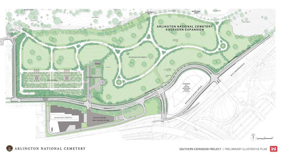 An architectural illustration shows plans for Arlington National Cemetery.