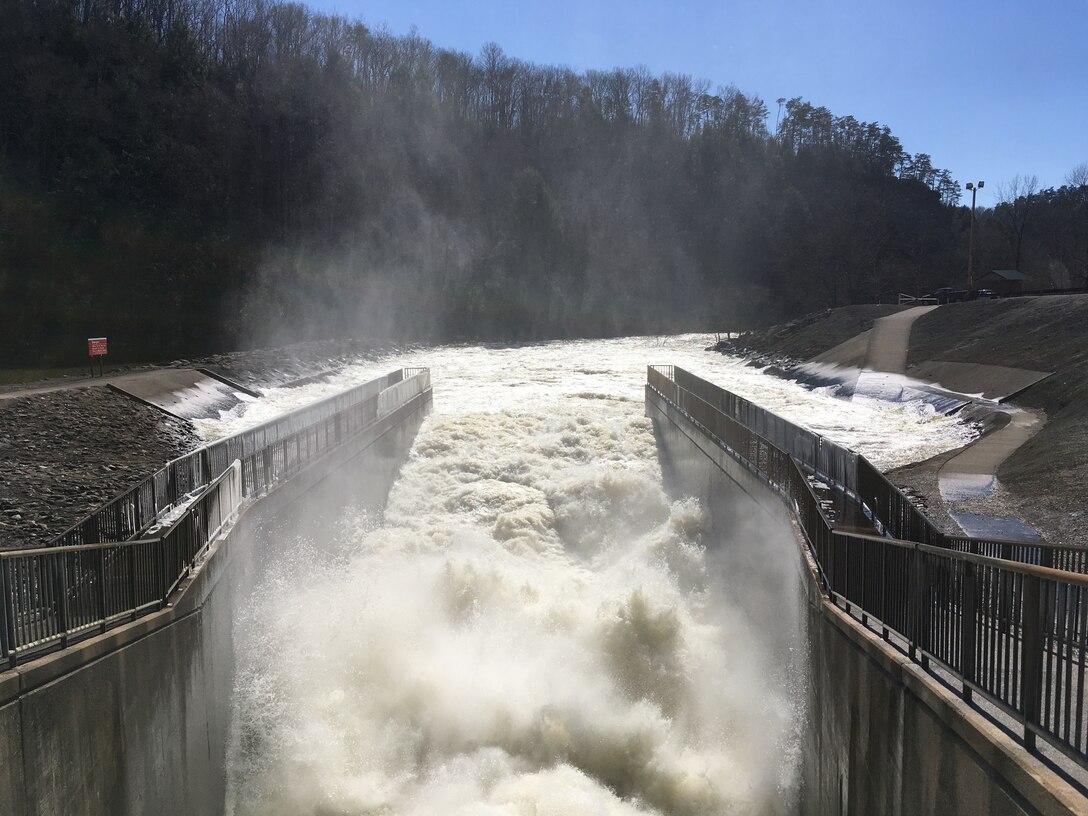 Water rushes into the stilling basin immediately below the dam at Nolin River Lake in Bee Spring, Kentucky.