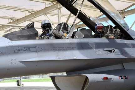 Maj. Russell Burkhard, an instructor pilot assigned to the 149th Fighter Wing, Air National Guard, sits in the backseat while Capt. Michael Butler, a student pilot assigned to the 149th Fighter Wing, prepares for takeoff at Joint Base San Antonio-Lackland March 13.