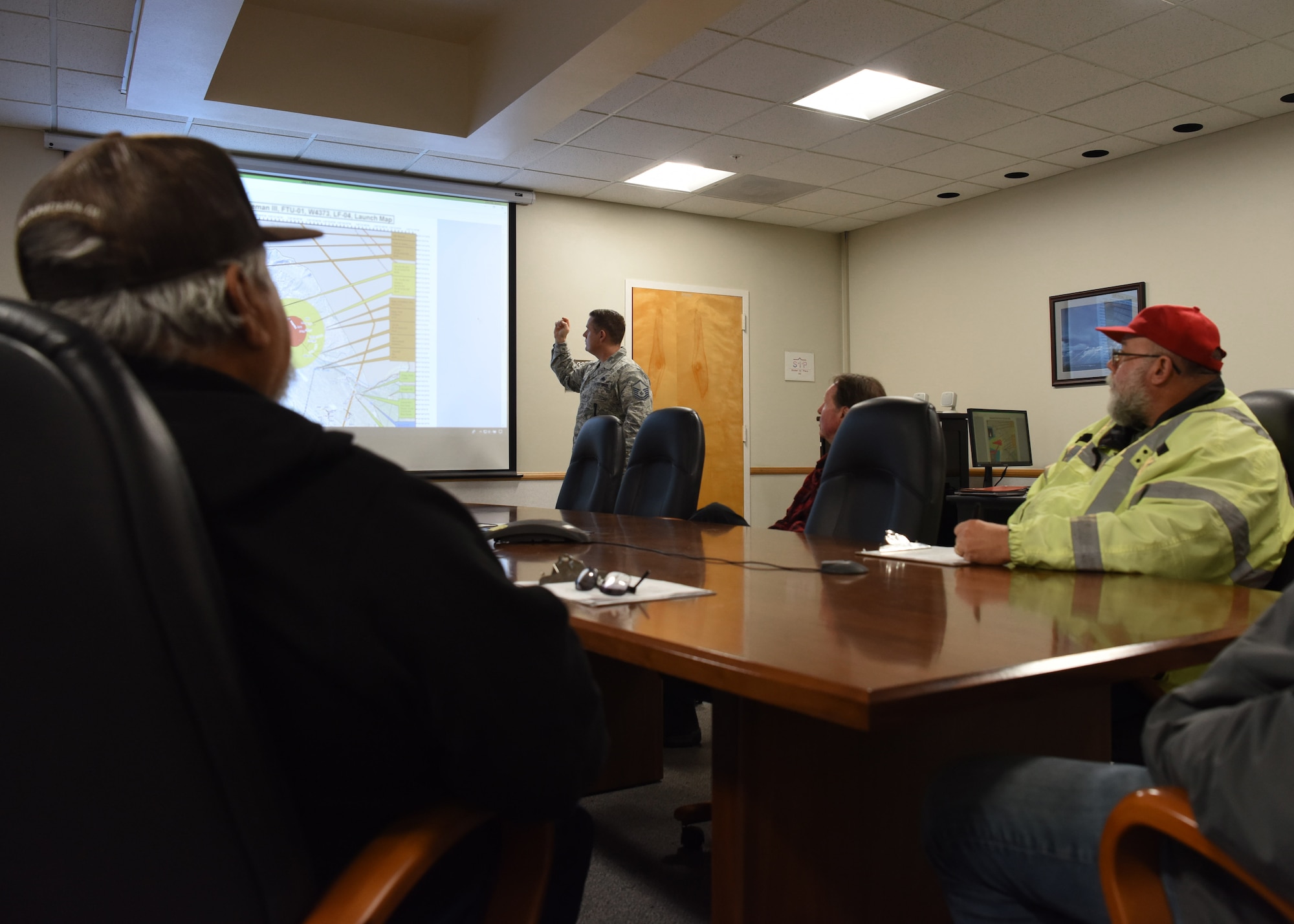 Master Sgt. Scott Sheriff, 30th Space Wing Safety Office superintendent of pad safety, briefs his fellow safety members Feb. 5, 2019 at the 30th Operations Group, Vandenberg Air Force Base, Calif. Hours prior to launch, Sheriff goes through his Launch Safety Tasks Chief Process Checklist in order to give the green light for the launch.  (U.S. Air Force photo by Airman 1st Class Aubree Milks)