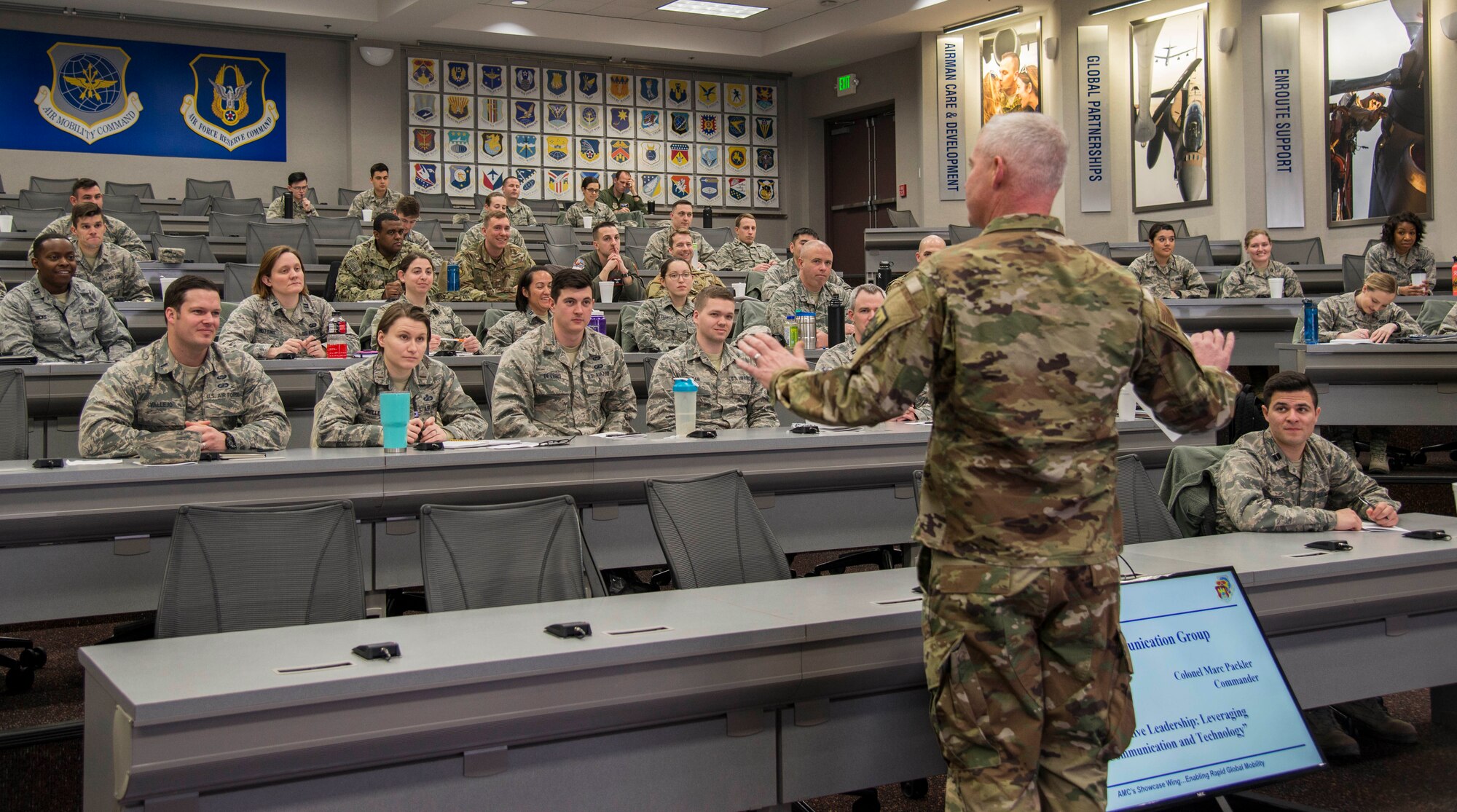 Col. Marc Packler, 375th Communications Group commander, speaks with Company Grade Officers attending the CGO Leadership Conference about innovative leadership, March 11, 2019, at Scott Air Force Base, Illinois. Packler explained the importance of knowing their Airmen and maintaining a good work-life balance. (U.S. Air Force photo by Airman 1st Class Nathaniel Hudson)
