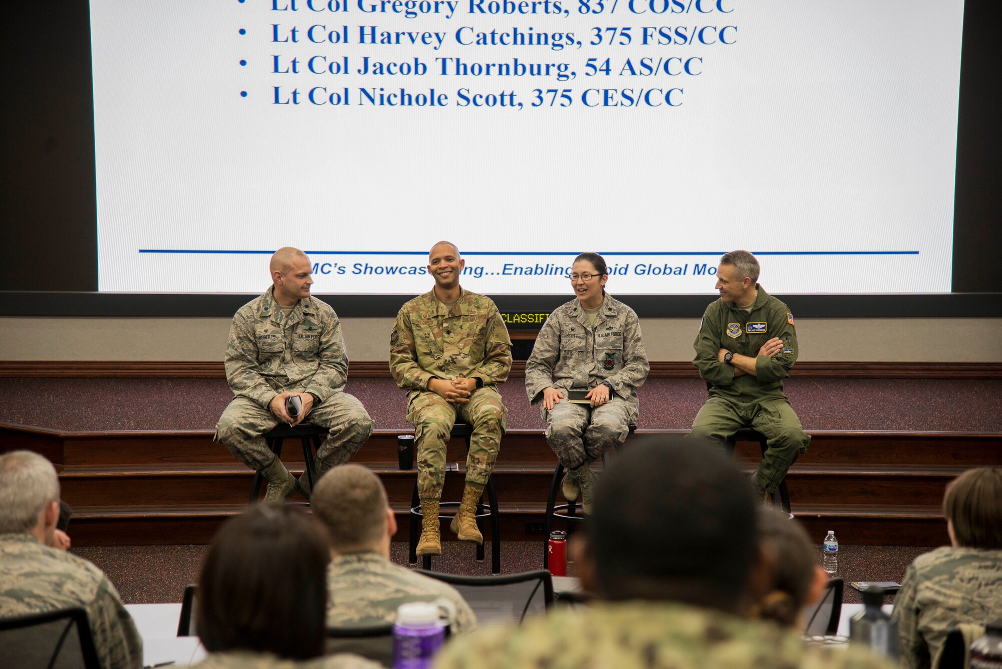 Squadron commanders from the 375th Air Mobility Wing were invited to a panel at the Company Grade Officer Leadership Conference, March 11, 2019, at Scott Air Force Base, Illinois. CGOs were given an opportunity to ask the panel questions about strategies for leading Airmen and career progression. (U.S Air Force photo by Airman 1st Class Nathaniel Hudson)