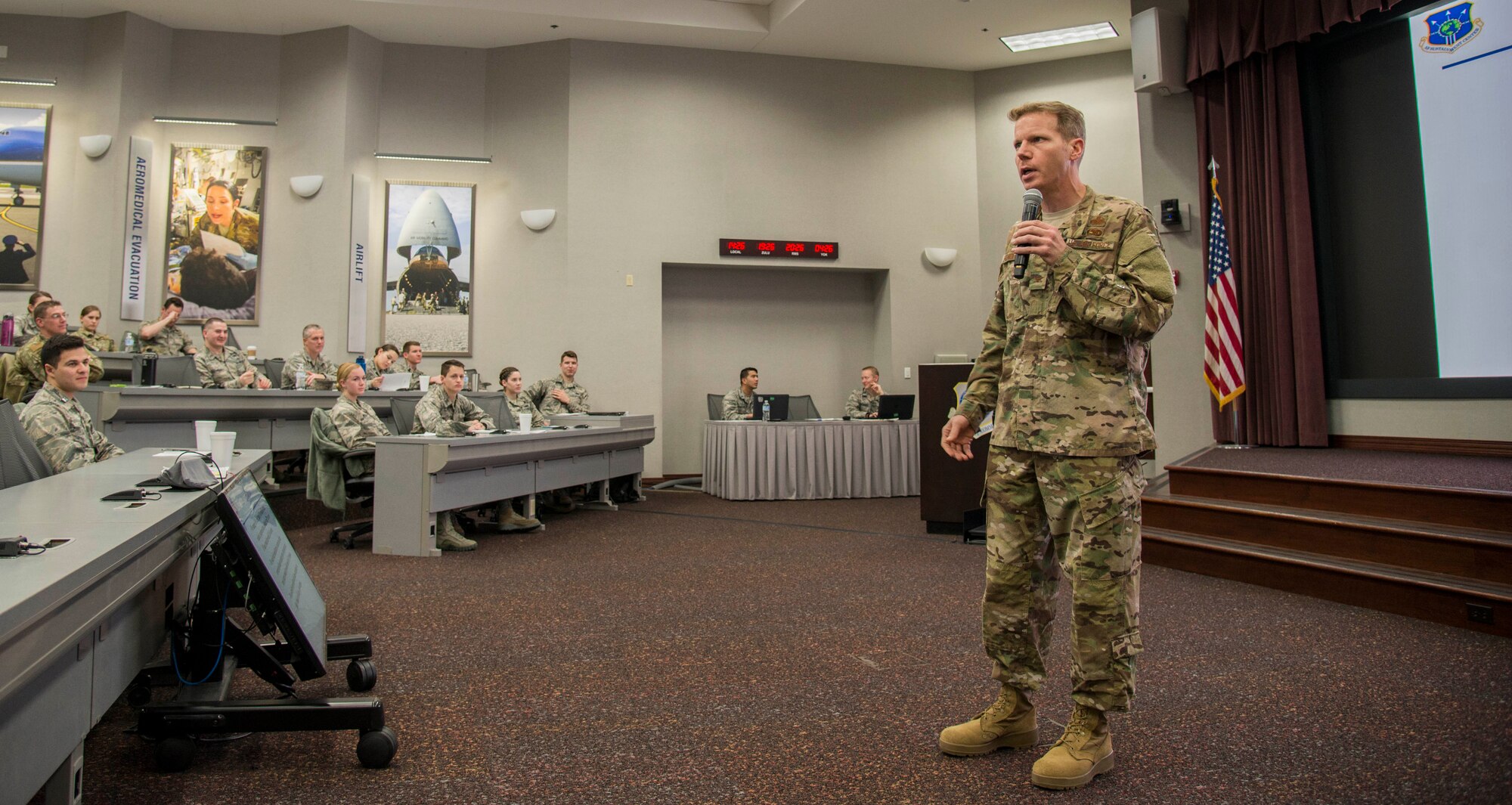 Col. Robert Henderson, 635th Supply Chain Operations Wing commander, speaks with Company Grade Officers about sustainment at the CGO Leadership Conference, March 11, 2019, at Scott Air Force Base, Illinois. The theme of this year’s CGO Leadership Conference was modernization and sustainability, and CGOs had briefings on innovative leadership, sustainment, and professional development. (U.S Air Force Photo by Airman 1st Class Nathaniel Hudson)