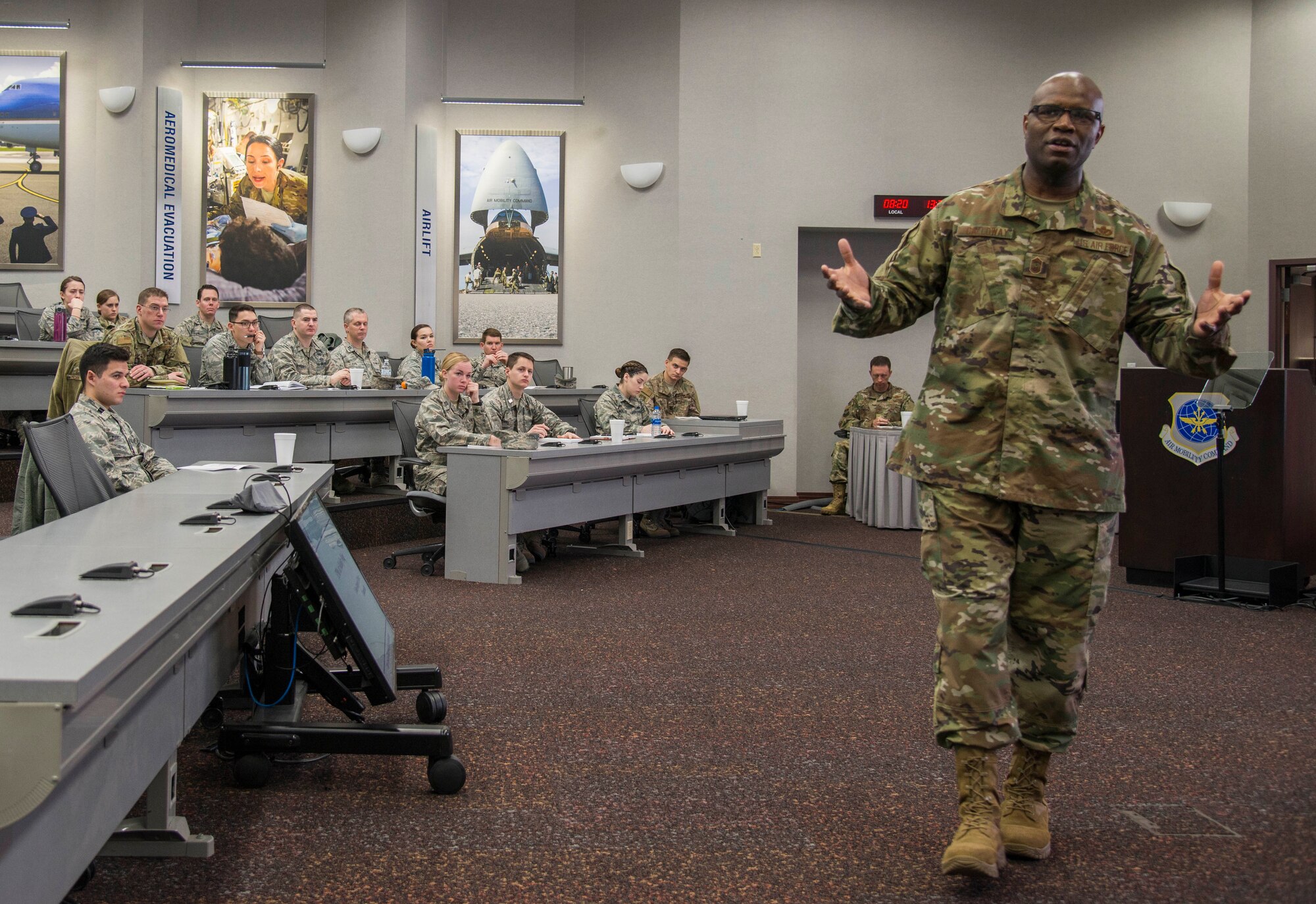 Chief Master Sgt. Leon Calloway, 375th Air Mobility Wing command chief, welcomes the attendants of the Company Grade Officer Leadership Conference, March 11, 2019, at Scott Air Force Base, Illinois. After welcoming the CGOs and ROTC cadets in attendance, Calloway spoke on the importance of CGOs using the experience of senior NCOs and maintaining a positive relationships with the enlisted force. (U.S. Air Force photo by Airman 1st Class Nathaniel Hudson)