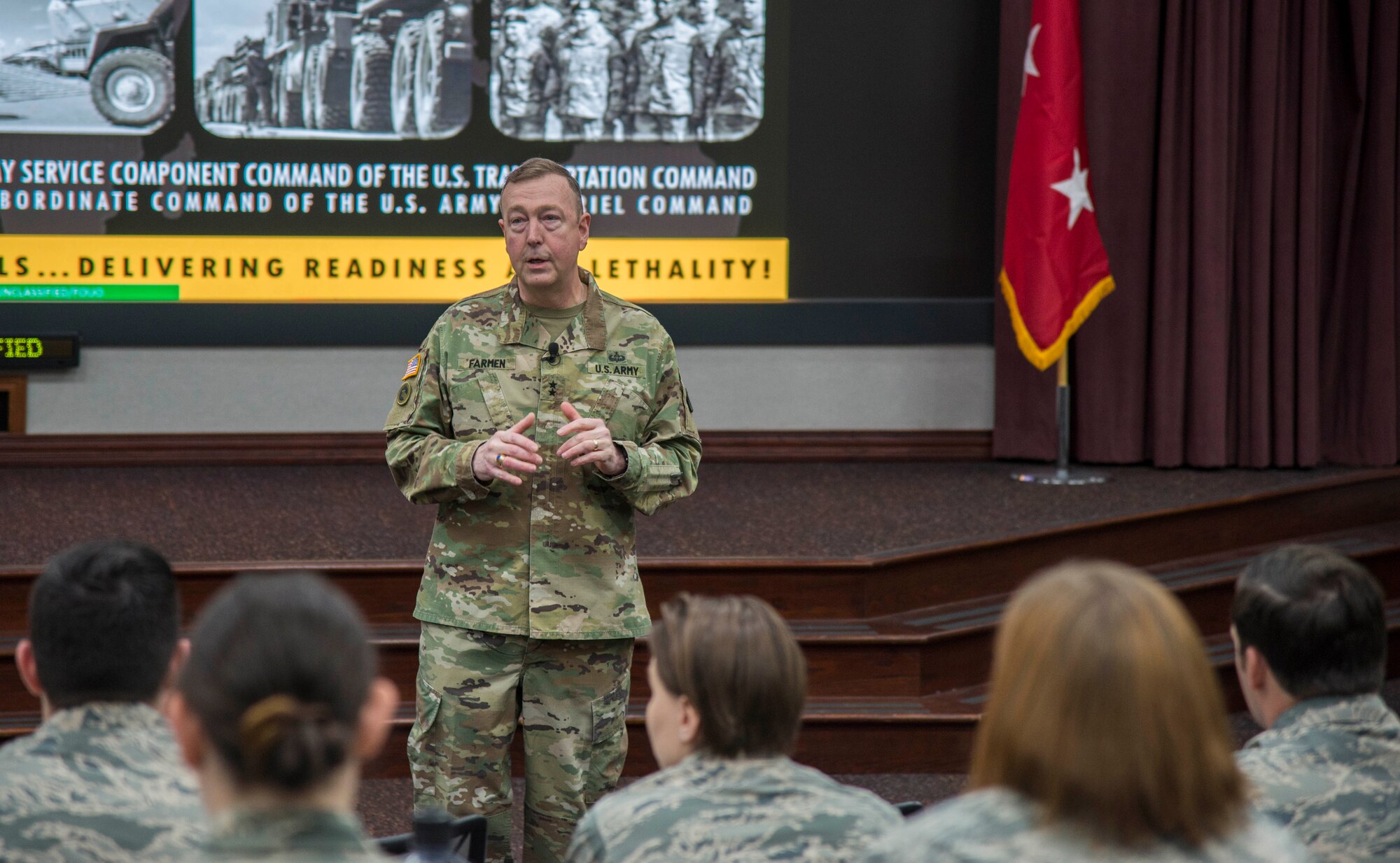 U.S. Army Maj. Gen. Stephen Farmen, commander of Military Surface Deployment and Distribution Command, speaks about the nuances of leading in a complex world at the Company Grade Office Conference, March 11, 2019, at Scott Air Force Base, Illinois. During the conference, Farmer gave CGOs different strategies to be successful leaders in a complex world, which included maintaining their “three ships: relationships, friendships, and partnerships.” (U.S. Air Force Photo by Airman 1st Class Nathaniel Hudson)
