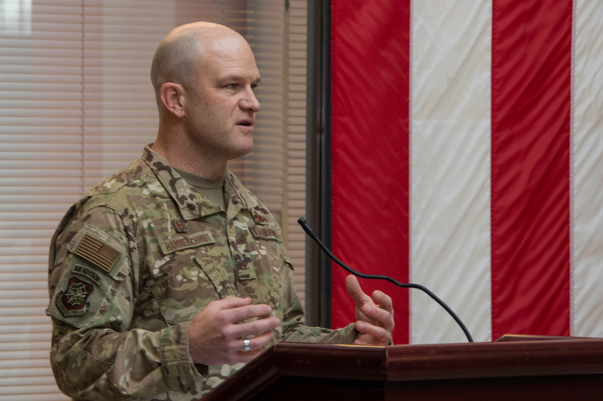 U.S. Air Force Col. David Hammerschmidt, 60th Aircraft Maintenance Group commander, delivers the opening remarks during the Key Spouse Recognition event at the 60th MXG atrium Feb. 8, 2019, at Travis Air Force Base, California. The Key Spouse Program is an Air Force-wide volunteer program that builds and fosters support for military families through outreach education events and providing families a link to leadership.(U.S. Air Force photo by Heide Couch)