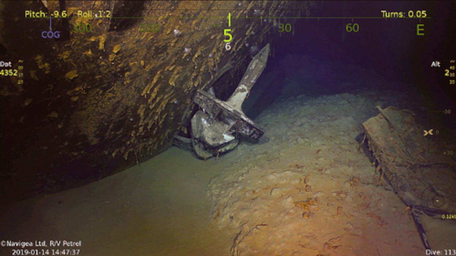 The anchor of USS Wasp (CV 7), which was discovered on Jan. 14, 2019, by the expedition crew of Paul G. Allen's research vessel (R/V) Petrel.