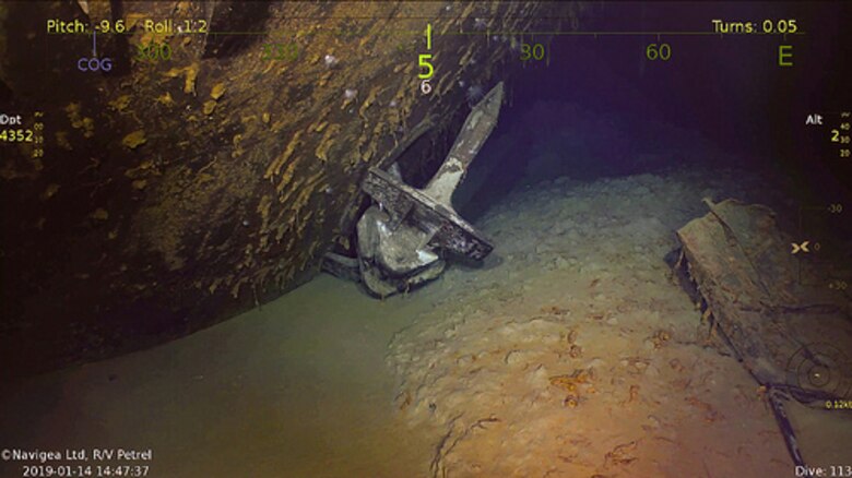 The anchor of USS Wasp (CV 7), which was discovered on Jan. 14, 2019, by the expedition crew of Paul G. Allen's research vessel (R/V) Petrel.