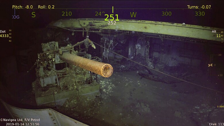 A 5-inch gun on USS Wasp (CV 7), which was discovered on Jan. 14, 2019, by the expedition crew of Paul G. Allen's research vessel (R/V) Petrel.
