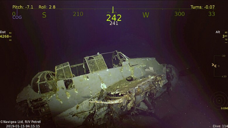An Avenger aircraft that was previously aboard USS Wasp (CV 7), which was discovered on Jan. 14, 2019, by the expedition crew of Paul G. Allen's research vessel (R/V) Petrel.