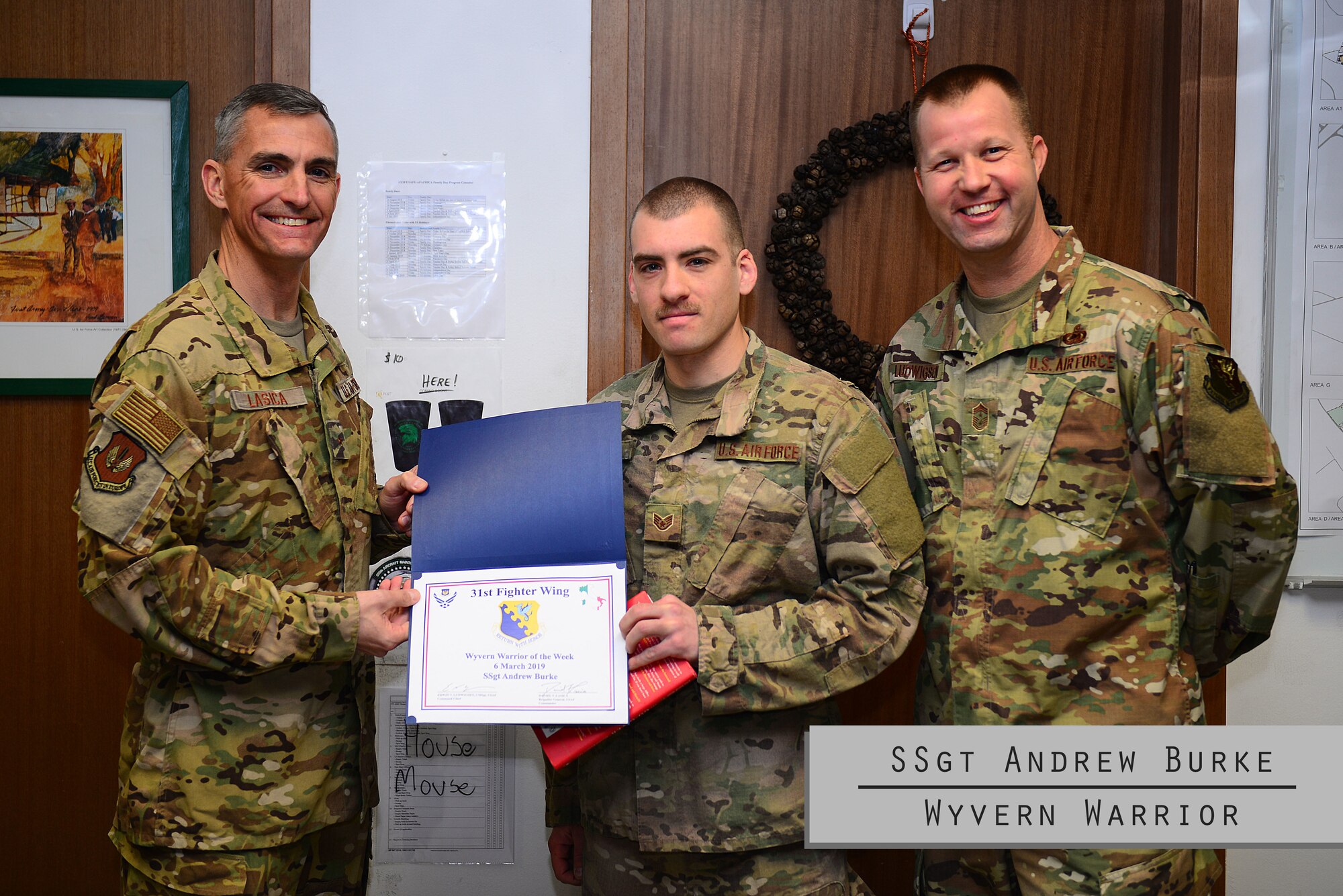 This week’s Wyvern Warrior is SSgt Andrew Burke, dedicated crew chief at the 555th Aircraft Maintenance Unit! Originally from Ann Arbor, Michigan, Burke joined the Air Force eight years ago and oddly enough has been at Aviano for 5.55 years. Since arriving at Aviano, Burke has distinguished himself from others in many ways. For example, he designed a jet fuel starter pump handle which is used to reduce the amount of Airmen needed for the job from five down to one!

Burke enjoys listening to Sum 41, and his favorite movie is Pineapple Express. He considers joining the Air Force a defining moment in his life, and says it changed his perspective of himself and those around him. In the future, Burke would like to become a chief for a maintenance group. 
You’re doing amazing work, Burke! Keep at it.