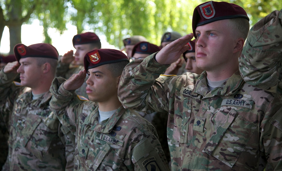 82nd Airborne Division Soldiers at a ceremony in Chef-Du-Pont, France