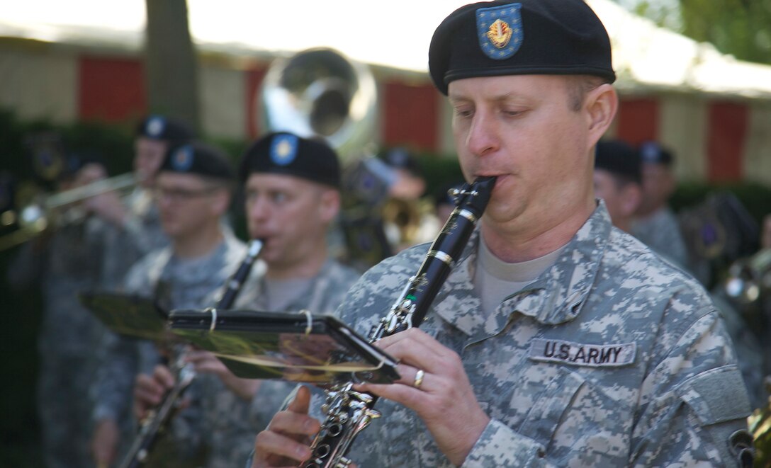 The U.S. Army Europe Band and Chorus plays at a ceremony in Chef-du-Pont, France