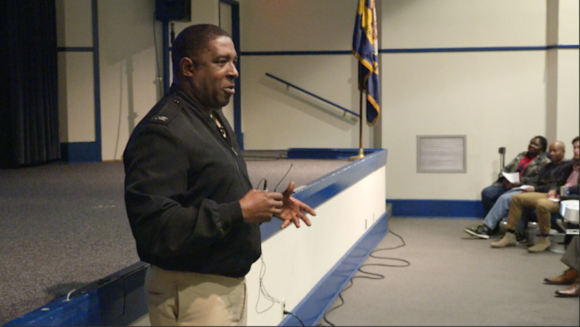 IMAGE: DAHLGREN, Va. – Capt. Godfrey “Gus” Weekes, NSWCDD Commanding Officer, delivered the keynote talk during the annual Black History Observance on Feb. 21. Weekes spoke to a standing-room only crowd in the Base Theater.