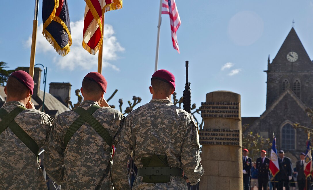 82nd Airborne Division Soldiers at a ceremony in Sainte-Mère-Église, France