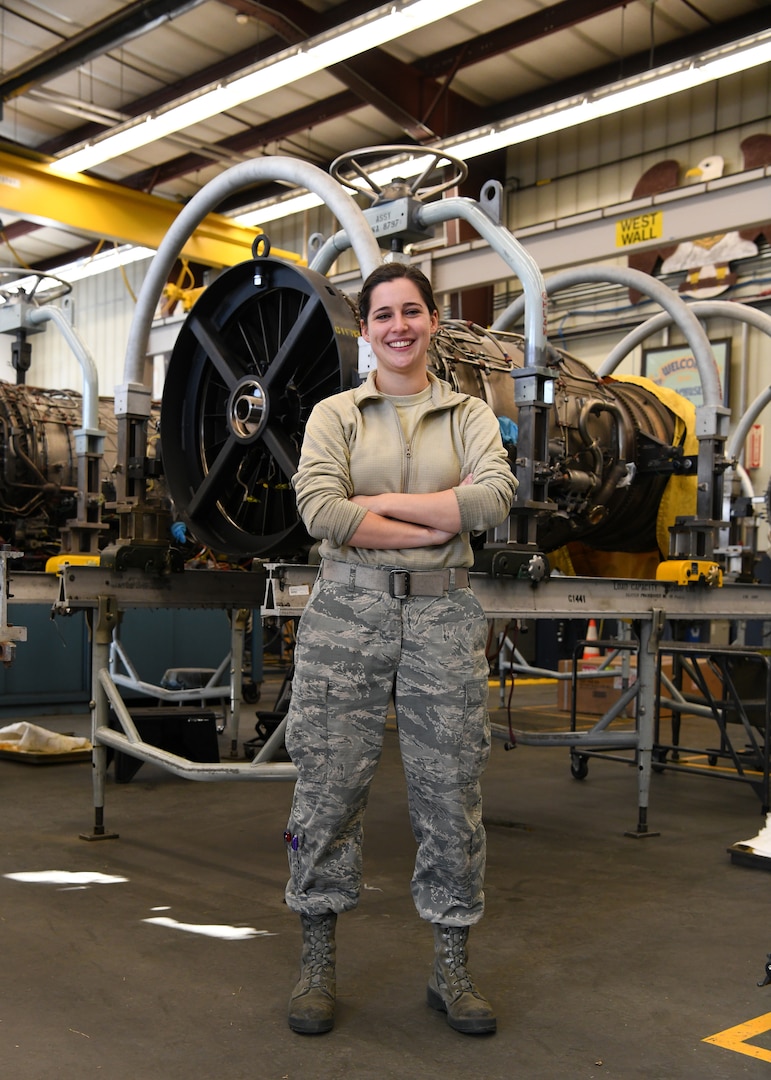Airman First Class Rachel Kingsley, 104th Maintenance Group aircraft engine mechanic, has worked in the engine shop for four months and is honing her skills as an engine mechanic to ensure the F-15 Eagles are ready to fly.