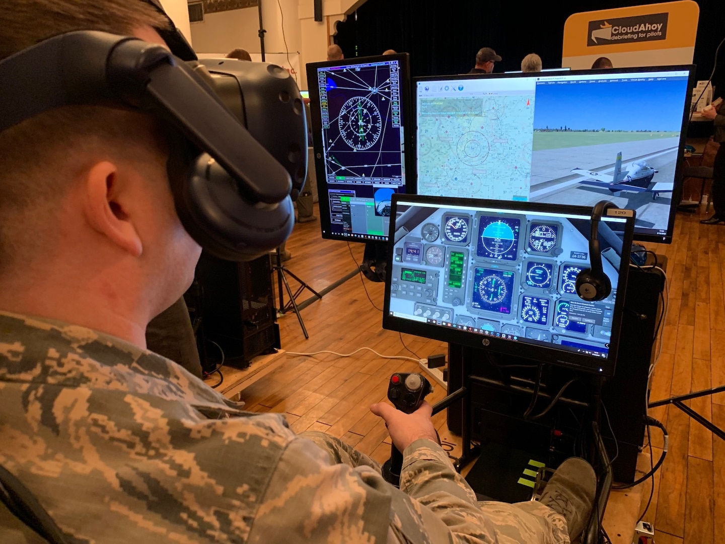 Staff Sgt. Joseph Sabin, Air Education and Training Command Technology Integrated Detachment, flies a virtual-reality sortie at the Pilot Training Next Technology Expo at Joint Base San Antonio-Randolph March 12. Technology currently being used at PTN was on display at the expo and subject matter experts and technology vendors were available to talk with attendees.